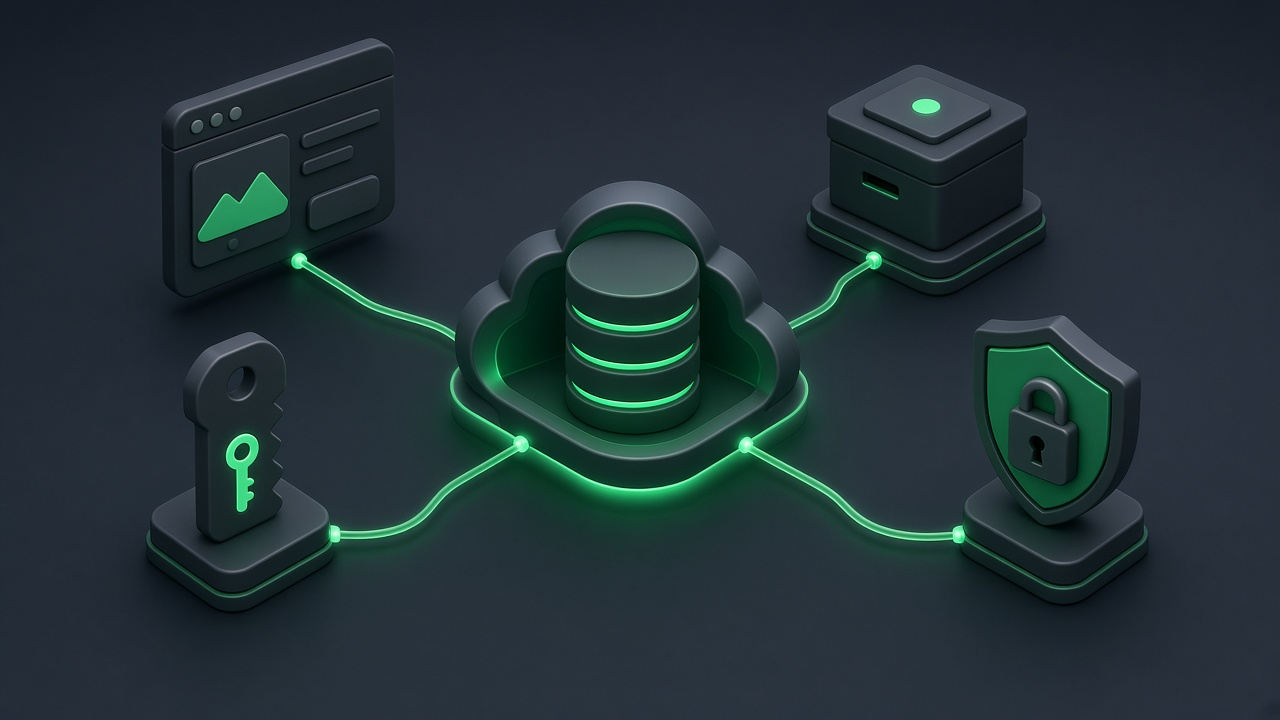 Isometric illustration of a glowing database cylinder linked to a browser window and a locked server box on a dark slate background.