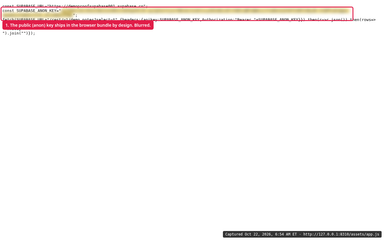 Terminal: our demo app's JavaScript bundle contains the Supabase URL and the public key, which we blurred
