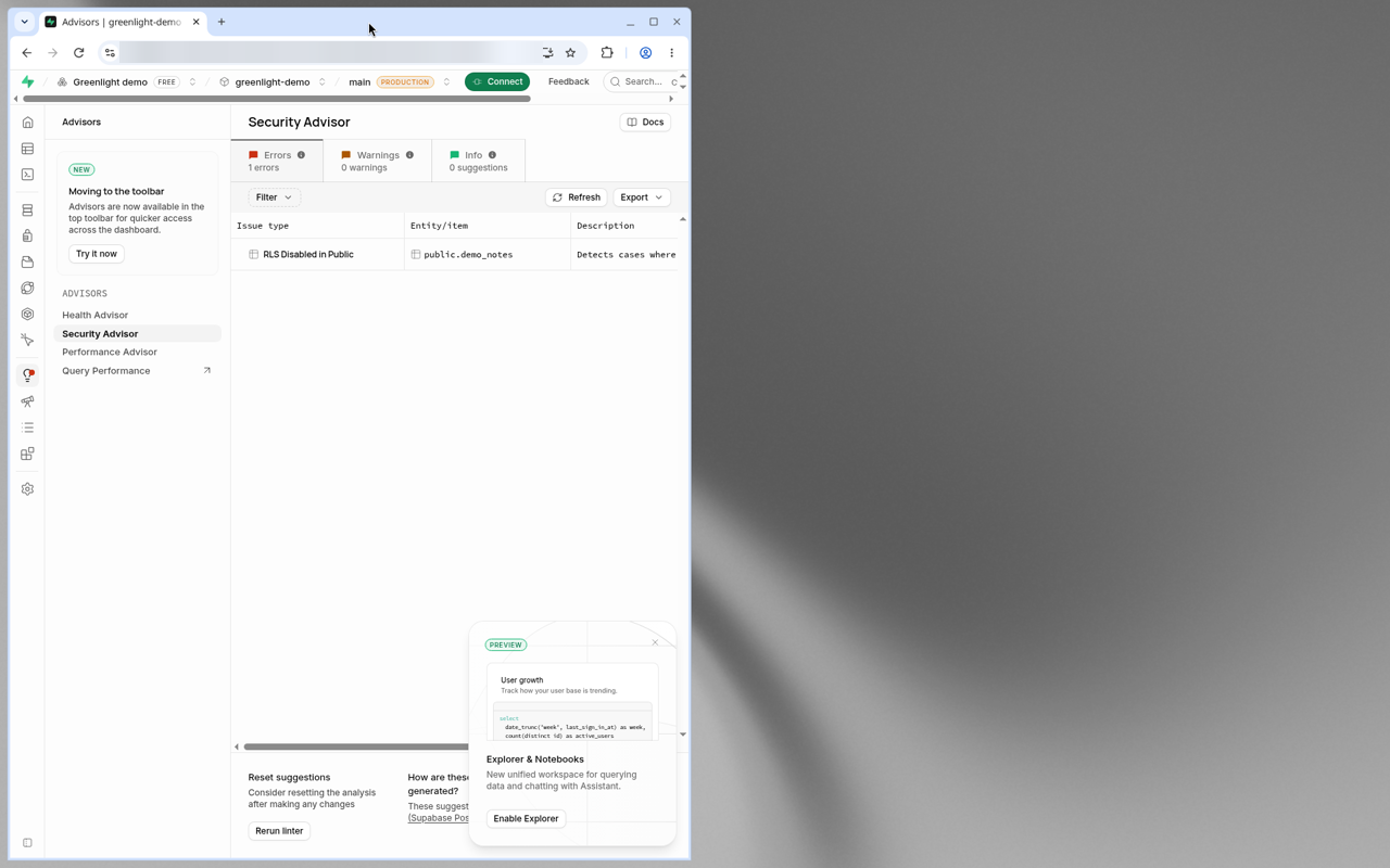 Supabase Security Advisor on our demo project showing 1 error: RLS Disabled in Public on public.demo_notes