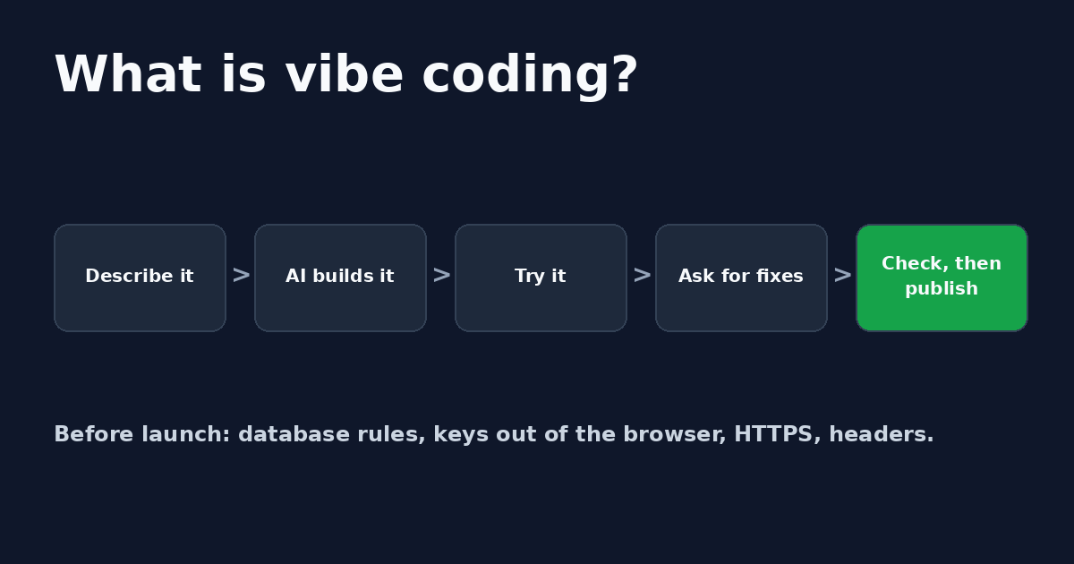 Diagram of the vibe coding loop: describe it, AI builds it, try it, ask for fixes, then check and publish.